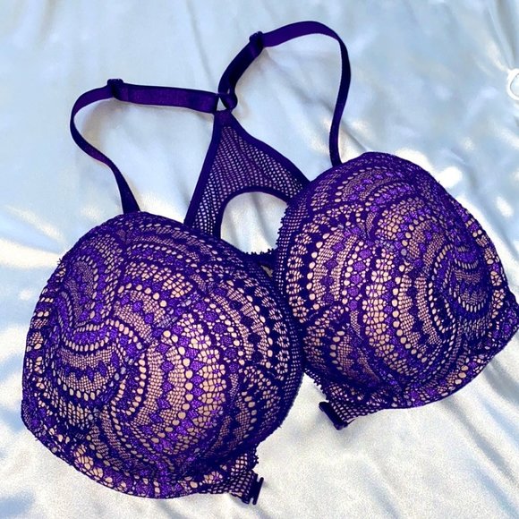 Front Close Racerback 32DD Bra Fishnet Lace Purple - Picture 3 of 8